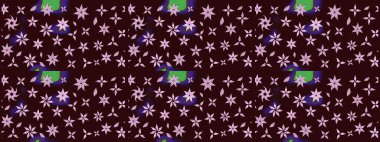 Çocuksu tasarım. Kahverengi arka planda. Tekstil, kumaş, ambalaj, hatıra defteri için hoş bir çiçek arkaplanı. Elle çizilmiş karalama çiçekleri ile Raster çizim deseni.