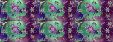 Raster illüstrasyonu. Yeşil, mor ve mor renkli çiçekler. Küçük çiçekte sevimli çiçek deseni var..