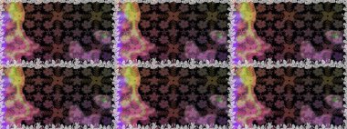 Raster illüstrasyonu. Raster deseni. Patlayan çiçekler soyut olarak yerleştirilmiş. Nazikçe, bahar çiçekleri siyah renklerde.