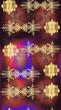 Kahverengi, mor ve sarı renkli kristal kar taneleri. Raster illüstrasyonu.