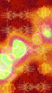 Halk tarzı. Modern çiçek arkaplanı. Moda baskıları için zarif bir şablon. Parlak renkli çiçekleri ve kırmızı, turuncu ve sarı renkte yaprakları olan muhteşem bir çiçek deseni..