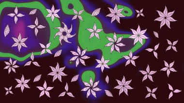 Şirin çiçekli eskiz deseni ve kahverengi renkli yapraklar, suluboya çiçek deseni, duvar kağıdı, kart veya kumaş için fayanslı. Raster illüstrasyonu.