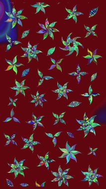 Çiçek ve yapraklı karalama şeklinde Raster çiçek deseni. Raster illüstrasyonu. Kibarca, bahar çiçekleri kırmızı renklerde.