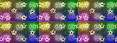 Yüzey için tekrarlanan doku, ambalaj kağıdı, yeşil, nötr ve mor renkte kar tanesi. Kış kar taneleri, raster arka plan.