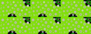 Raster illüstrasyonu. El çizimi çiçekli soyut çizim kalıbı. Yeşil renkte çiçekler.