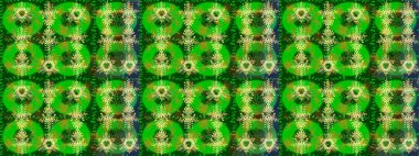 Kar tanelerinin soyut arkaplanlı Noel şablonu. Yeşil, sarı ve kahverengi renkler. Raster illüstrasyonu. Noel ve Yeni Yıl moda baskıları için tatil tasarımı.