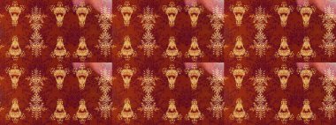 Çizim kalıbı. Raster illüstrasyonu. Kırmızı, kahverengi ve turuncu renklerde. Çiçek duvar kağıdı. Hint süsü. Renkli süs kenarı.