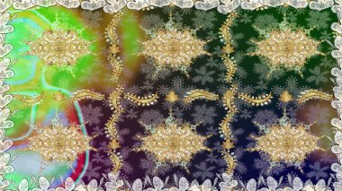 Raster illüstrasyonu. Kusursuz ortaçağ çiçek deseni. Doğum günü kartı, davetiye ya da afiş için iyidir. Dekoratif simetri arabesk. Tarafsız renklerde altın.