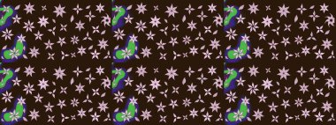 Üzerinde gelincikler ve vadi zambakları olan renkli çiçek desenli nakış deseni. Tekstil tasarımı için kahverengi renkli geleneksel halk çiçekleri buketi.