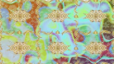 Altın antika ortaçağ dekoratifi, yapraklar ve tarafsız renklerde altın desenli süslemeleri olan dikişsiz bir şablon. Kusursuz kraliyet lüksü, altın barok kumaş rengi..