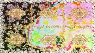 Altın elementlerle nötr renklerde altın desen. Süslü raster dekorasyonu. Barok tarzında duvar kağıdı tasarımı için kusursuz damaske deseni arkaplanı.