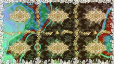 El yapımı dekoratif çerçeve, albüm kapağı, tebrik kartı, klasik Art deco tarzı. Raster soyut çiçek çelengi altın karalama fantezi yaprakları ve kahverengi renkte çiçek.