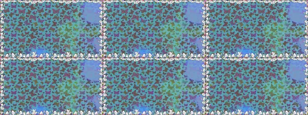 Renkli kelebeklerin kusursuz arka planı. Giysi tasarımı için mavi arka planda dekor. Raster illüstrasyonu.