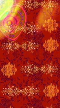 Soyut etnik raster çizim kalıbı. Kabile sanatı boho baskısı, klasik çiçek arkaplanı. Arkaplan dokusu, duvar kağıdı, kırmızı, turuncu ve sarı renkli çiçek teması.