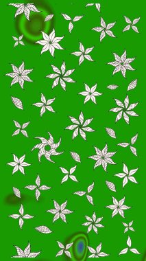 Bir sürü yeşil ve soyut çiçekli tropik eskiz deseni. Küçük çiçekteki sevimli çiçek deseni. Varicologreen Raster çizimi.