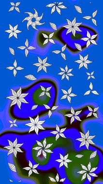 Raster illüstrasyonu. Raster deseni. Patlayan çiçekler soyut olarak yerleştirilmiş. Yumuşak, bahar çiçekleri mavi renklerde.