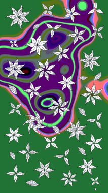 Çiçekli zambakların eskiz geçmişi. Parlak çiçekli kolaj çiçekleri yeşildir. Çiçek tasarımı için inanılmaz kolaj cennet tarzı..