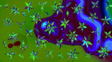 Çiçek desenli çizim. Yeşil renkli çiçekler. Asya tekstil tarzında. Raster illüstrasyonu. Raster illüstrasyonu.