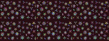 Şirin çiçekli eskiz deseni ve kahverengi renkli yapraklar, suluboya çiçek deseni, duvar kağıdı, kart veya kumaş için fayanslı. Raster illüstrasyonu.