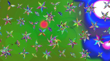 Çok yeşil zarif küçük çiçekler ve yeşil renkli komik böcekler, raster desen, illüstrasyon.