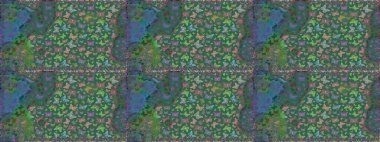 Giysi tasarımı için mavi ve yeşil arka planda geleneksel Raster halk çiçekleri dekoru. Nakış, egzotik kelebeklerle süslenmiş çiçeksiz desenler. Kart, yazdırma, davet için basit şirin desen