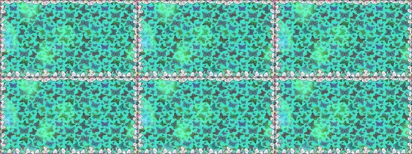 Şirin kelebek mavisi ve yeşil raster deseni. Kusursuz. Giysi tasarımı için dekor.