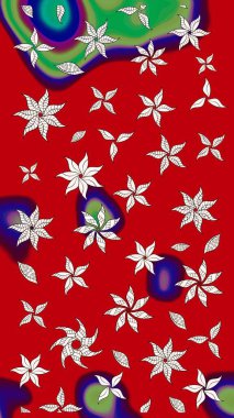 Moda baskıları için zarif bir şablon. Modern çiçek arkaplanı. Halk tarzı. Parlak renkli çiçekleri ve kırmızı yaprakları olan harika bir çiçek deseni..