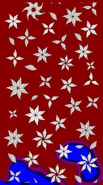 Asya tekstil tarzında. Raster illüstrasyonu. Raster illüstrasyonu. Çiçek desenli çizim. Kırmızı renkte çiçekler.