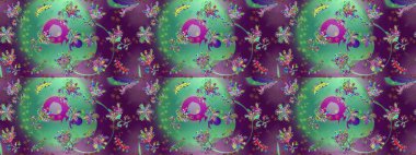 Sabıka fotoğraflarında, bebek kıyafetlerinde, duvar kâğıtlarında, paket kutularında falan kullanılabilir. Zarif, parlak ve pürüzsüz mor, yeşil ve mavi çiçek desenli tasarım.