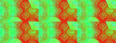 Raster Modaya uygun kumaş deseni. Renkli Bahar Temalı Kusursuz Arkaplan. Yeşil, turuncu ve sarı renkli şirin çiçek desenleri. Düz Çiçek Elementleri Tasarımı.