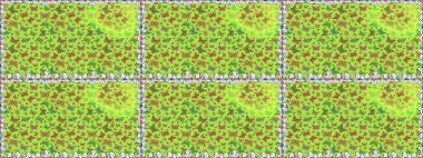 Kumaş, kağıt, ambalaj kâğıdı ve duvar kağıdı tasarımı için hoş bir arka plan. Raster illüstrasyonu. Yeşil ve sarı arka planda kelebek olan kusursuz desen.