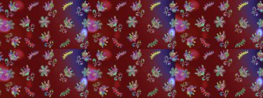 Düz Çiçek Elementleri Tasarımı. Raster illüstrasyonunda kusursuz çiçek deseni. Renkli Bahar Temalı Kusursuz Arkaplan. Kırmızı, mor ve kahverengi renkte çiçekler.