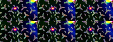 Kar taneleri, kar yağışı. Güzel, siyah, mavi ve yeşil kar taneleri renkli bir arka planda izole edilmiş. Düşen Noel stili kar taneleri. Görüntü.