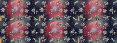 Gri, pembe ve mavi gri, pembe ve maviye. Retro tekstil tasarım koleksiyonu. 1950-1960 motifleri. El çizimi çiçek unsurları olan soyut, dikişsiz raster deseni. Çiçekli ipek eşarp..