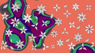 Turuncu renkli Asya tekstili. Çiçek desenli çizim. Raster illüstrasyonu.