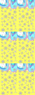 Çok renkli, zarif küçük çiçekler ve sarı renkli komik böcekler, raster desen, illüstrasyon..