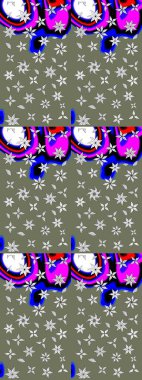 Şirin çiçekli eskiz deseni ve yeşil renkli yapraklar, suluboya çiçek deseni, duvar kağıdı, kart veya kumaş için fayanslı. Raster illüstrasyonu.