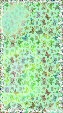 Raster illüstrasyonu. Kusursuz desen. Kağıt, kumaş, ambalaj kağıdı ve duvar kâğıdı tasarımı için hoş bir arkaplan. Elle çizilmiş kelebeklerle moda raster yaz şablonu.