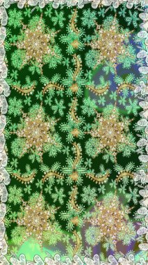 Şam, tasarım için kusursuz desen. Yeşil renklerde, altın elementli, pürüzsüz desen.