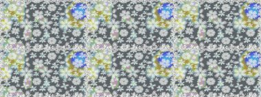 Raster illüstrasyonu. Renkli desenli, gri çiçekli ve dekoratif elementli kusursuz desen. Eski usul. Kusursuz bir geçmişi var. Kumaş, tekstil ve duvar kağıdı baskısı için..