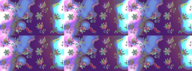 Raster illüstrasyonu. Mor, mor ve mavi renklerde. Çiçek buketleriyle klasik tarzda kusursuz desen.