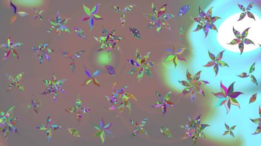 Parlak renkli fantezi çiçekleri, yapraklar, gri renkli tomurcuklar. Suluboya el çizimi elementli çiçek çizimi deseni.