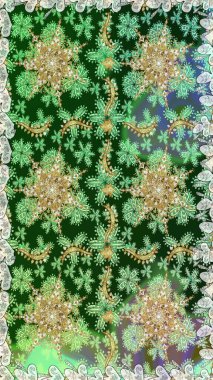 Şam, tasarım için kusursuz desen. Yeşil renklerde, altın elementli, pürüzsüz desen.