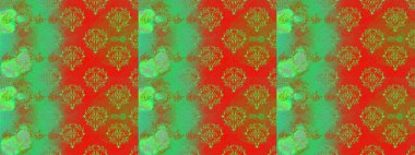 Asya tekstil tarzında. Kusursuz çiçek deseni. Yeşil, kırmızı ve turuncu renkli çiçekler. Raster illüstrasyonu. Raster illüstrasyonu.