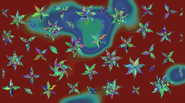 Halk tarzı. Parlak renkli çiçekli ve kırmızı yapraklı harika bir çiçek deseni. Moda baskıları için zarif bir şablon. Modern çiçek arkaplanı.