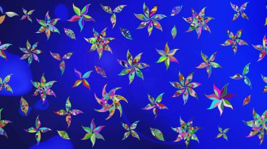 Raster illüstrasyonu. Şirin çiçekli eskiz deseni ve mavi renkli yapraklar, suluboya çiçek deseni, duvar kağıdı, kart veya kumaş için fayanslı.