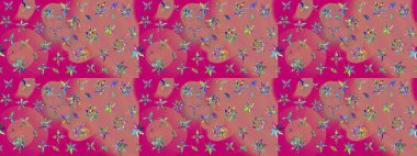 Suluboya elle çizilmiş çiçek desenli eskiz deseni. Parlak renkli fantezi çiçekleri, yapraklar, pembe renkli tomurcuklar.