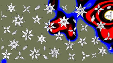 Halk tarzı. Moda baskıları için zarif bir şablon. Parlak renkli çiçekli ve yeşil yapraklı harika bir çiçek deseni. Modern çiçek arkaplanı.