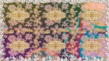 Tarafsız renklerde altın rengi ve altın elementler üzerinde altın pürüzsüz desen. Tekrarlayan elementlerle soyut arkaplan oluşturun. Raster illüstrasyonu. Kusursuz, klasik altın desen..