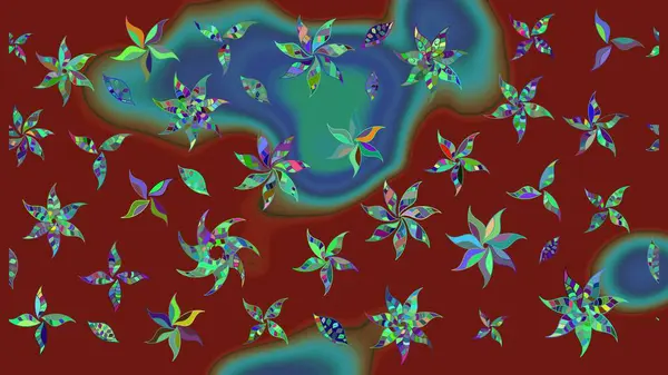 Halk tarzı. Parlak renkli çiçekli ve kırmızı yapraklı harika bir çiçek deseni. Moda baskıları için zarif bir şablon. Modern çiçek arkaplanı.